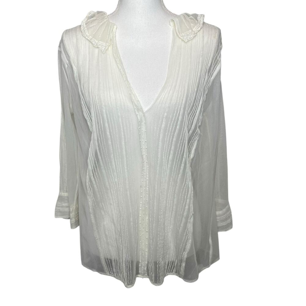 Anthropologie Meadow Rue Size 10 Off White Sheer V-Neck Gauze Victorian Blouse